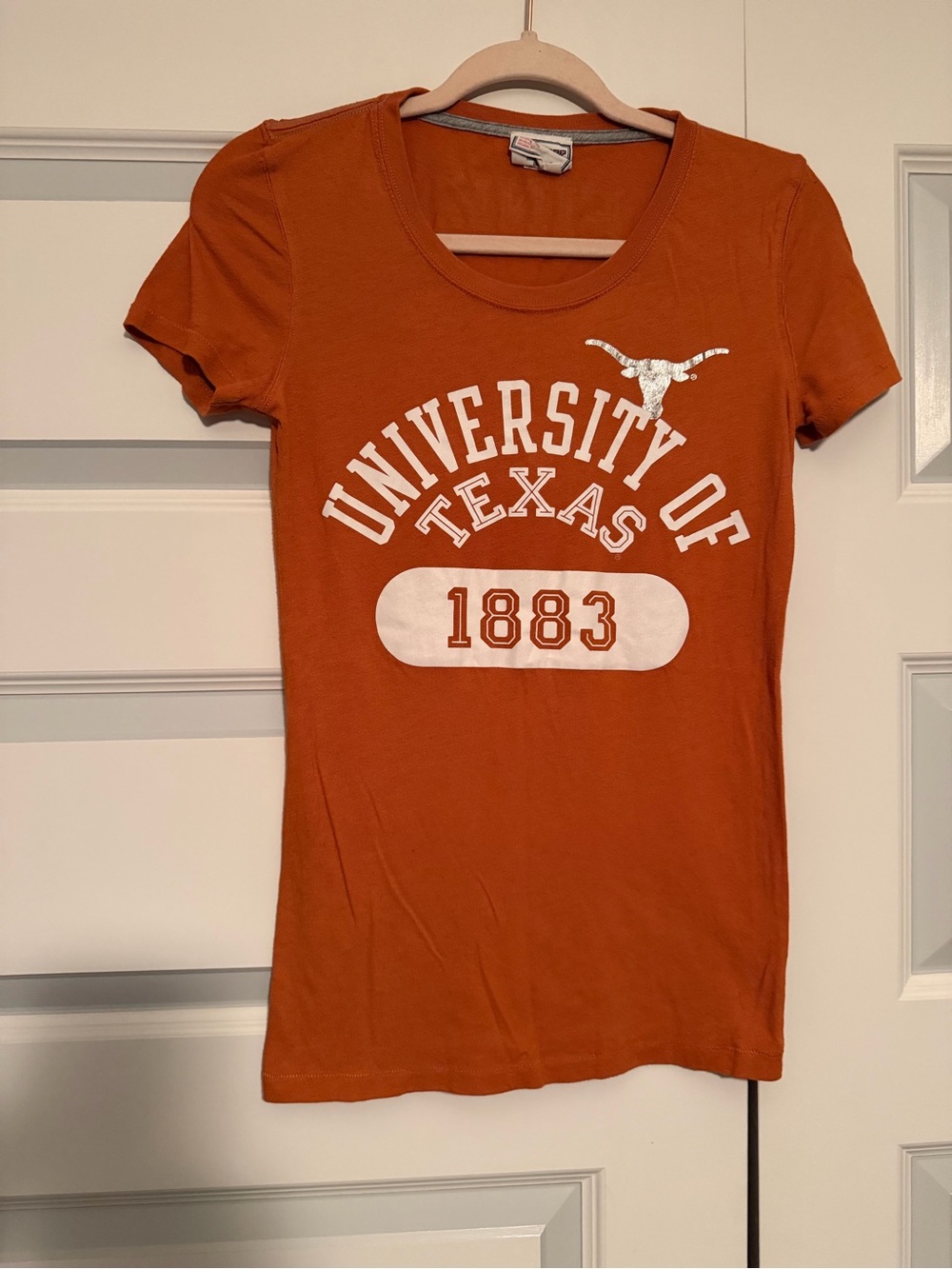 PINK Victoria's Secret Burnt Orange Short Sleeve Tee with White Collegiate Print